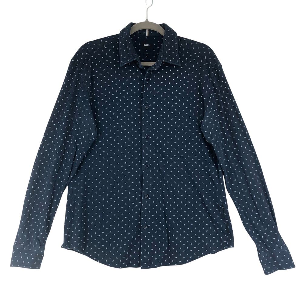 BOSS Shirt Mens L Roan Slim Fit Navy Geo Print Long Sleeve Button Down Tailored